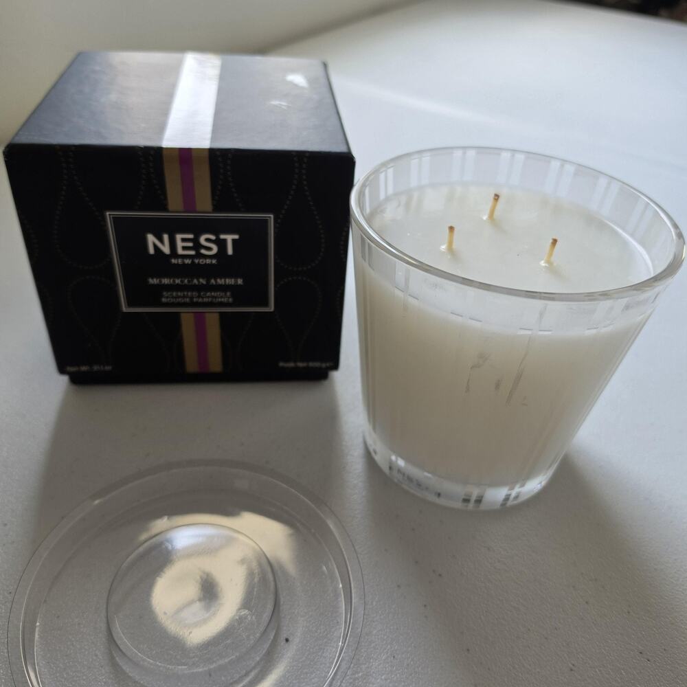 Nest New York Moroccan Amber Large 3 Wick Scented Candle White Glass Jar 21.1 Oz